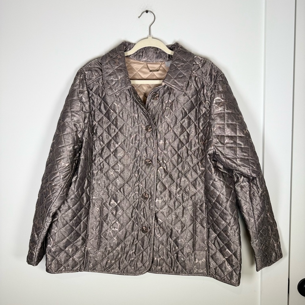 Chico's Women's Jacket Coat Size 4 US Sz 20/22 Quilted Metallic Python Snake